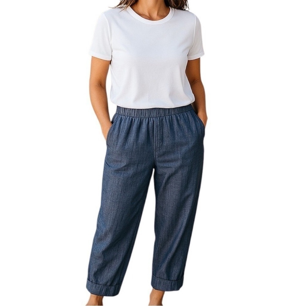 Sigrid Olsen 100% Linen Blue Pull On Cuff Hem Pants Size S Coastal Grandma Beach